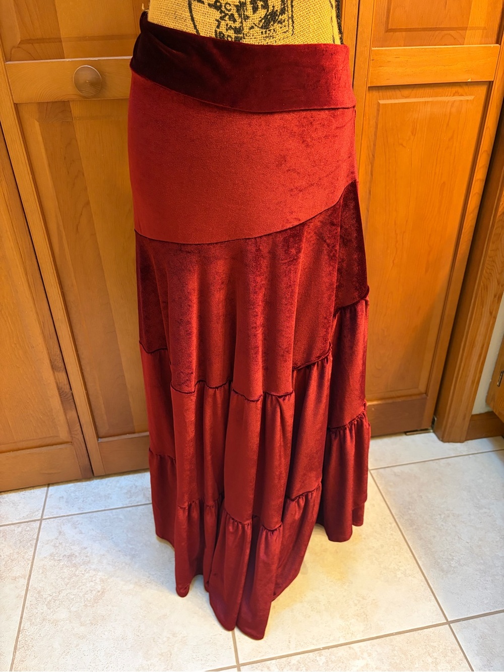 Velvet Tiered Maxi Skirt - Deep Red